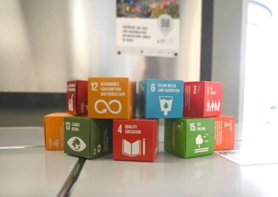 Kleine Papierwürfel mit SDG Icons von SDG 12, 6, 1, 13, 4 und 15